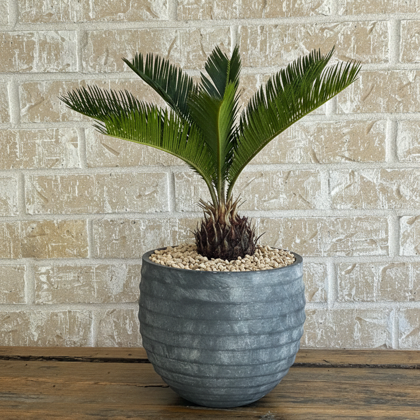 Sago palm in clay planter